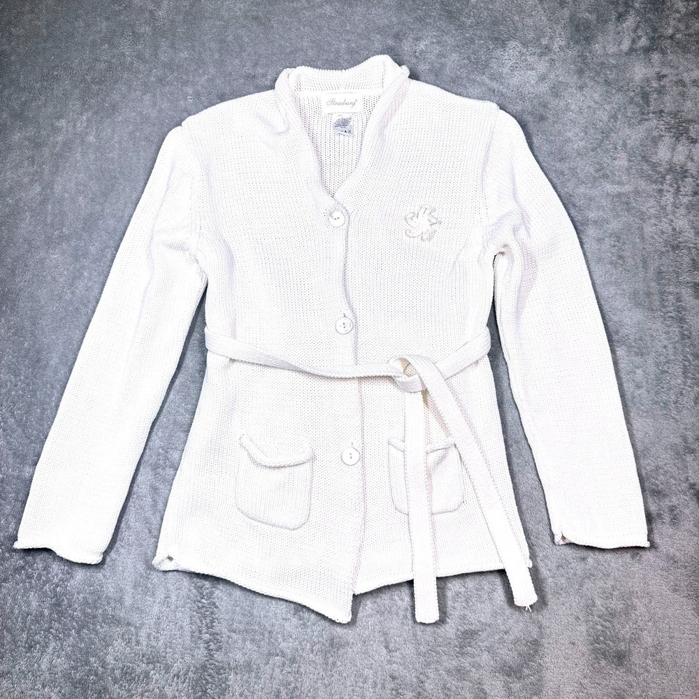 Vintage Strasburg Girls Size 6 Ivory Cotton Knit Belted Cardigan Sweater Horse